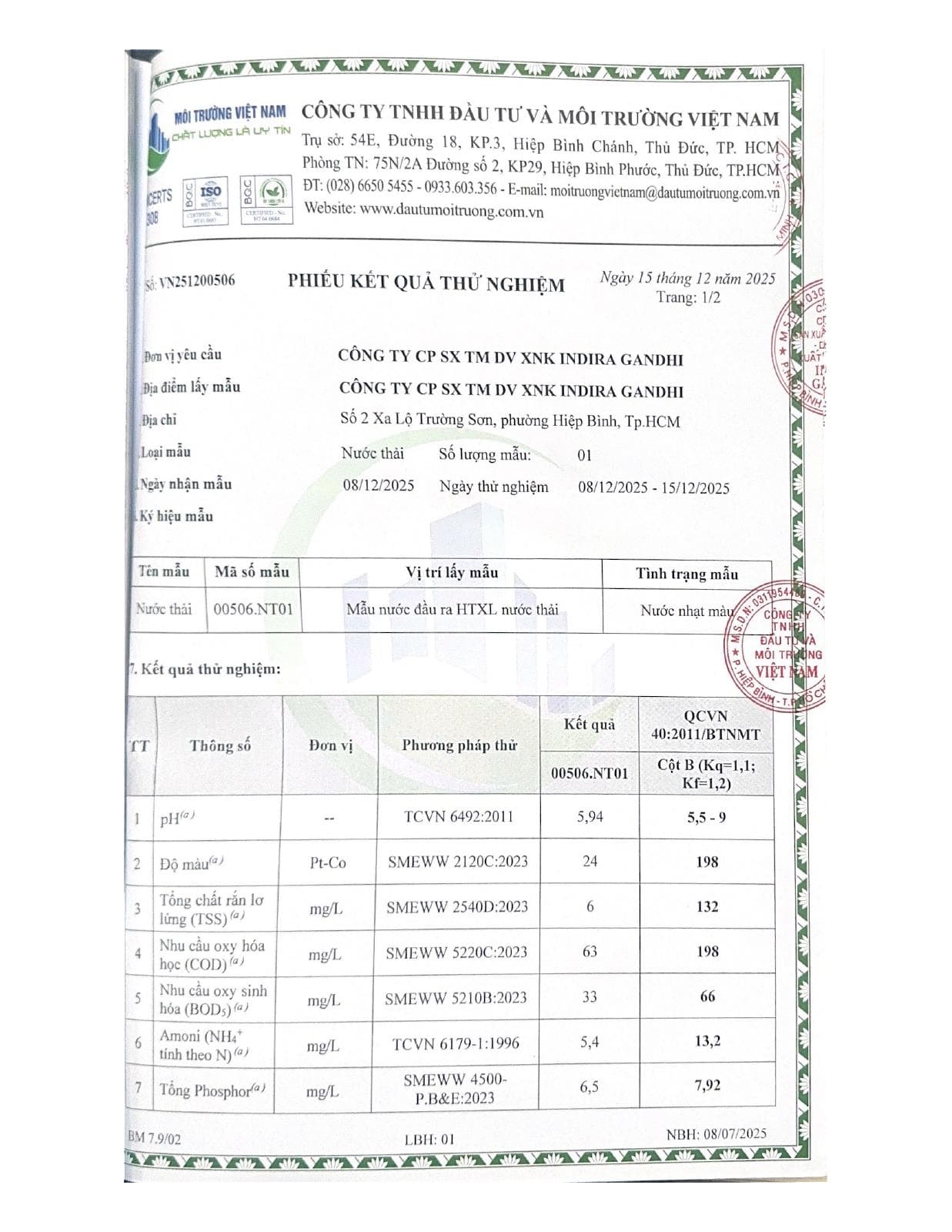Phiếu kết quả kiểm nghiệm nước thải ngày 15/12/2025, trang 1