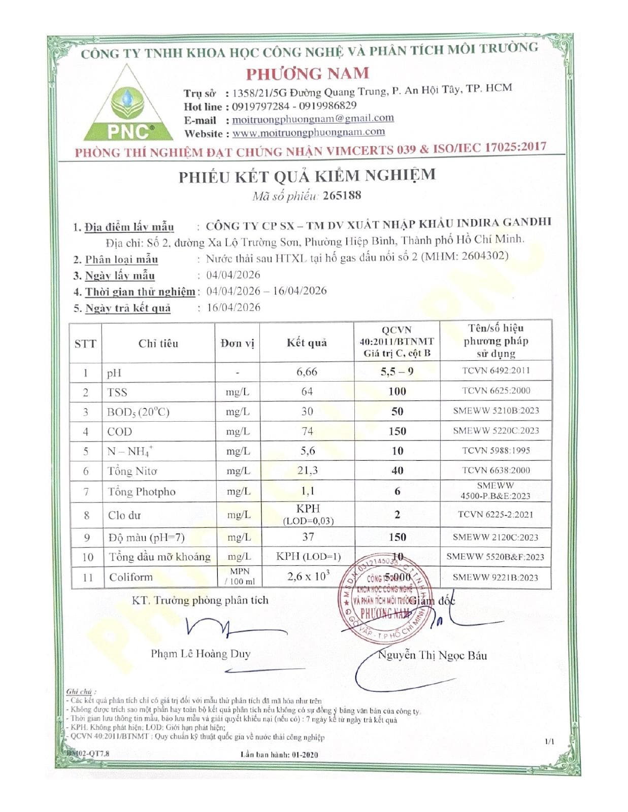 Phiếu kết quả kiểm nghiệm nước thải ngày 16/4/2026, trang 1